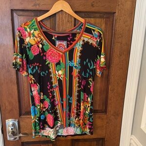 Johnny Was Black Floral Short Sleeve Top